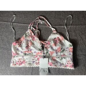 Zara Womens LARGE White and Pink Floral Strappy Cropped Camisole